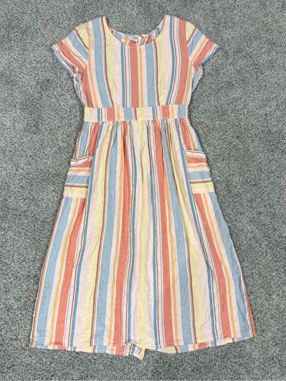 a.n.a Pastel Shaded Striped Linen Blend Pockets Back Cutout Midi Dress Women’s S
